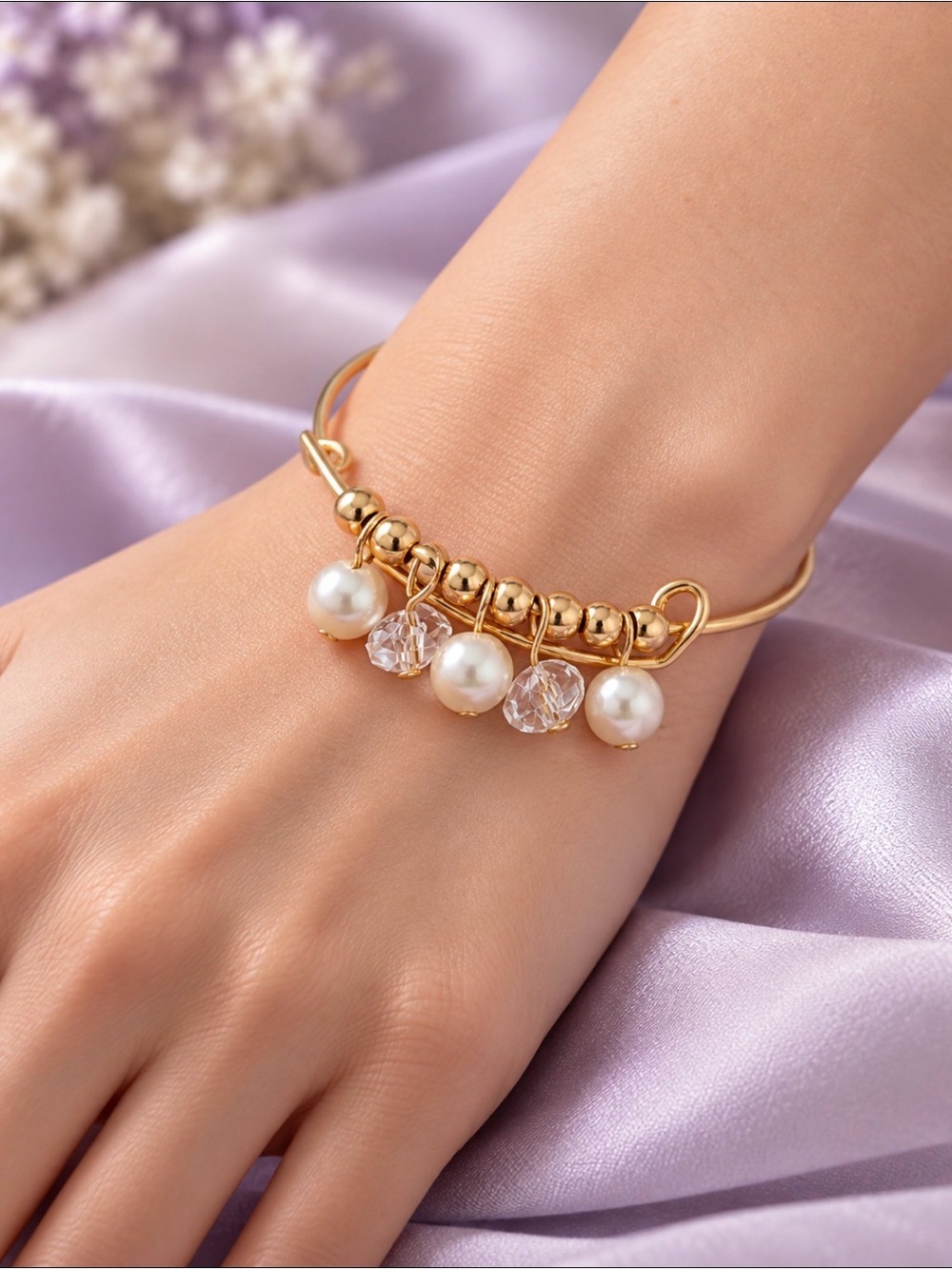 Gold Tone Pearl & Crystal Charm Bangle Bracelet